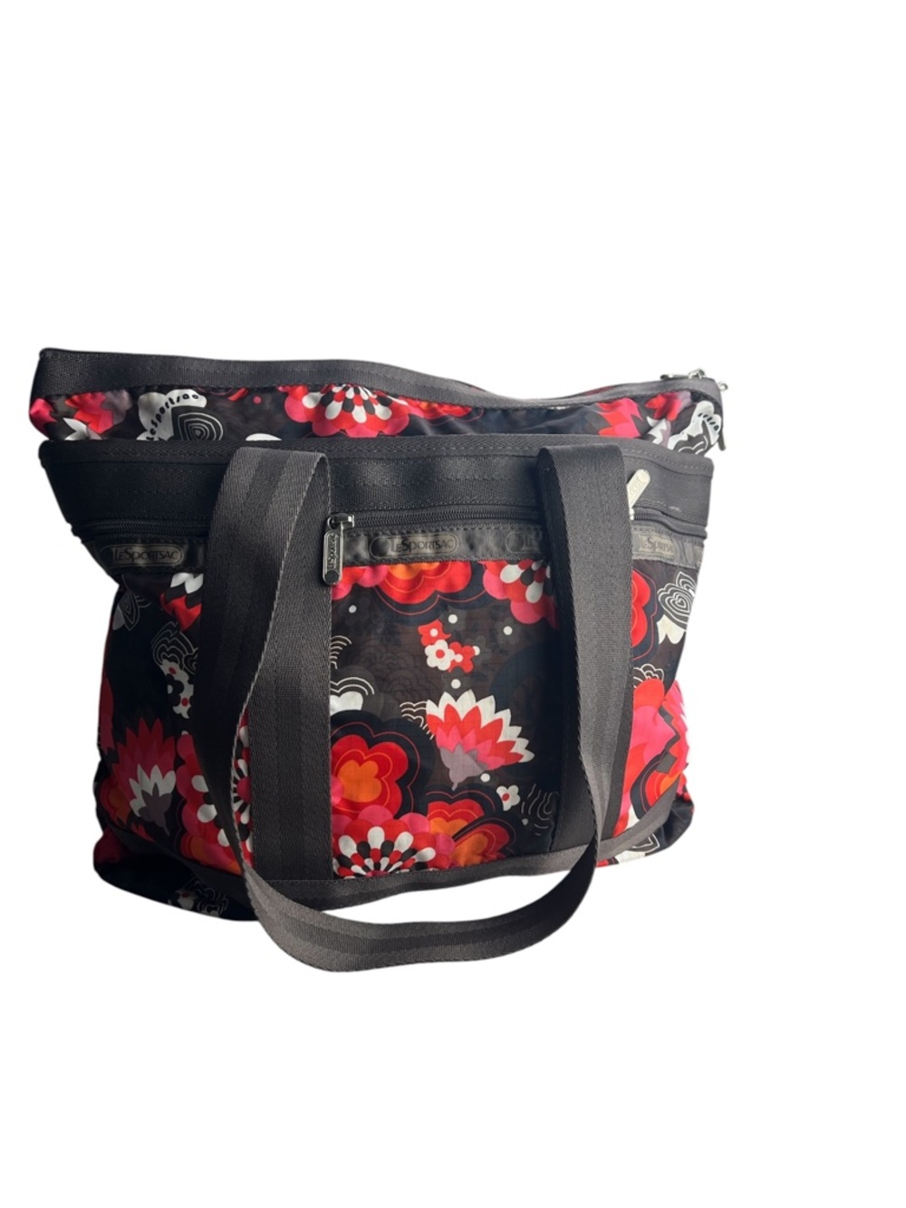 LeSportsac Floral Tote Bag Black Red Orange Flower Print Nylon Shoulder Bag